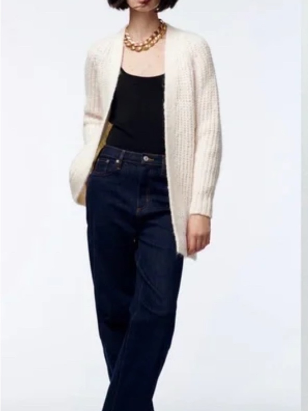 Zara Cream Open-Front Chunky Rib Knit Cardigan